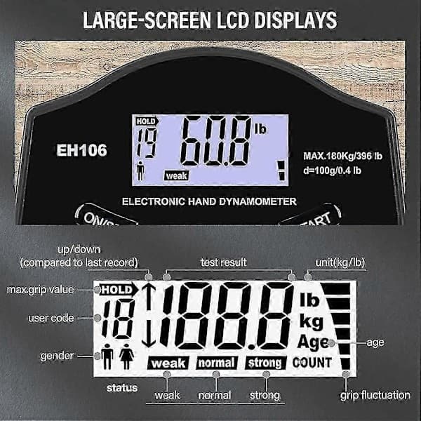 Grip Strength Tester, 396 lb/180 kg Digital Handheld Dynamometer, USB LCD Screen, Handheld - FQ -,AB