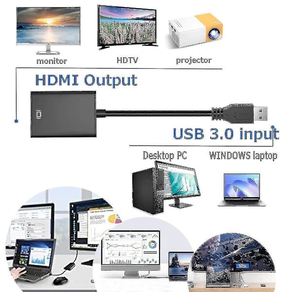 USB til HDMI-adapter, USB 3.0/2.0 til HDMI lyd- og videoadapter, HD 1080p videografikkabelkonverter til PC, bærbar computer, SD
