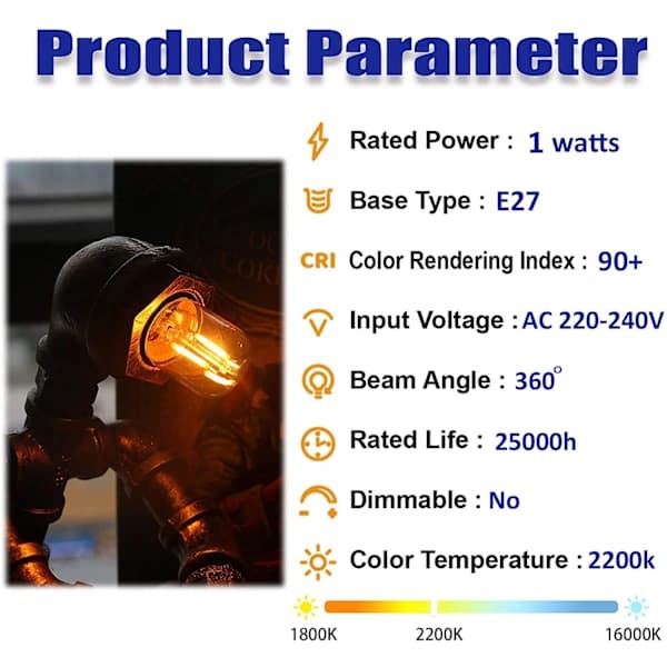 Mini LED-rørlampe, 1W E27-sokkel 2200K varm hvid 6-pak, SEB