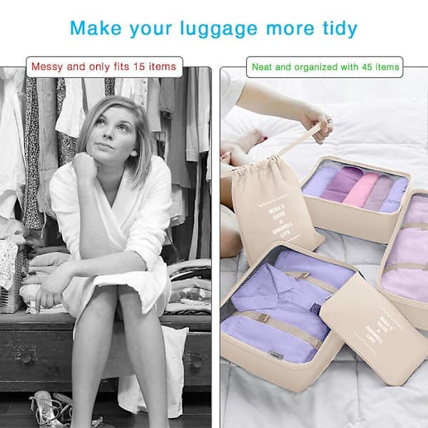 8-pack Organizer Set för Resväskor, Förvaringsväskor, Packningskuber, Resepåsar, Presenter Beige, SD