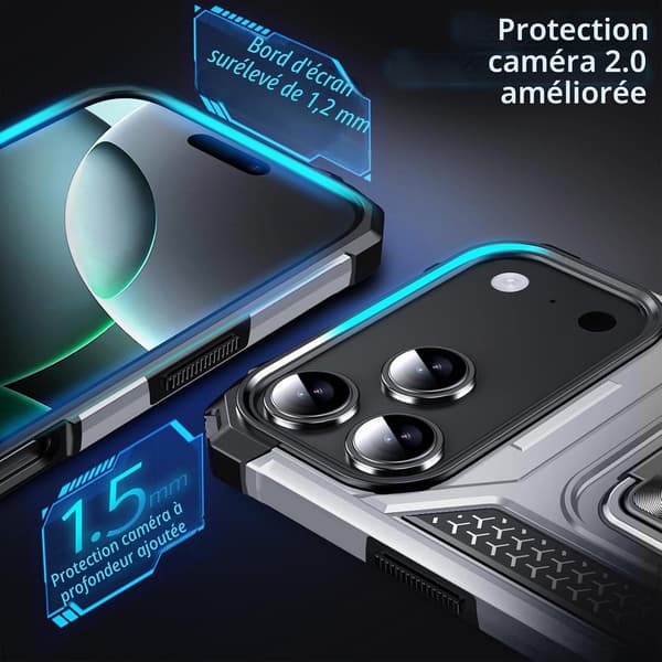 Fodral för iPhone 17 Pro, militärklassat stötsäkert, 360° roterande metallring, stativ silver iPhone 17 Pro