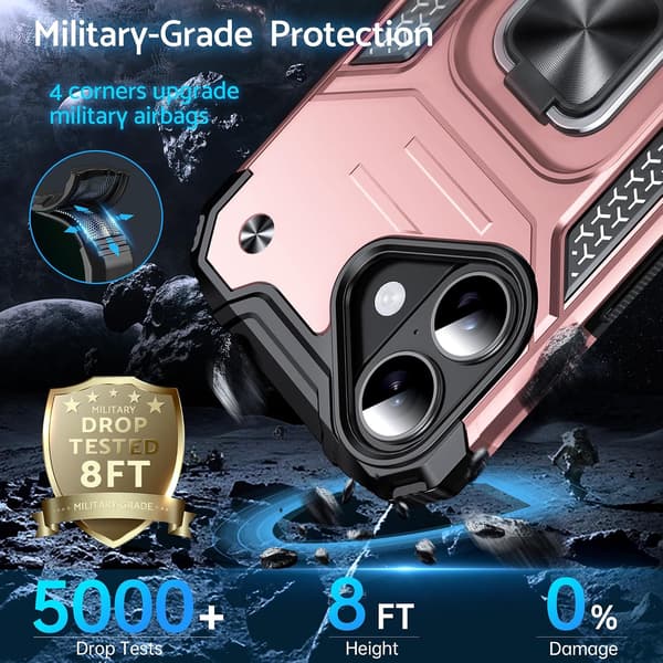 Fodral för iPhone 17, militärklassat stötsäkert, 360° roterande metallring, stativ, rosa Pink iPhone 17