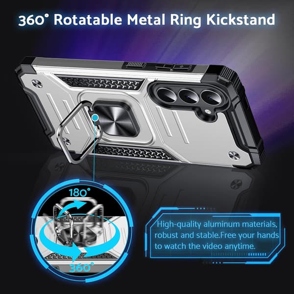 Fodral för Samsung Galaxy A17, militärklassat stöttåligt, 360° roterande metallring, stativ, silver silver