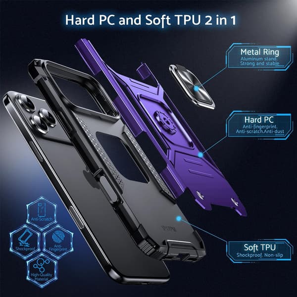 Fodral för iPhone 17 Pro Max, Stöttåligt, 360° roterbar metallring, Stativ, Lila purple iPhone 17 Pro Max