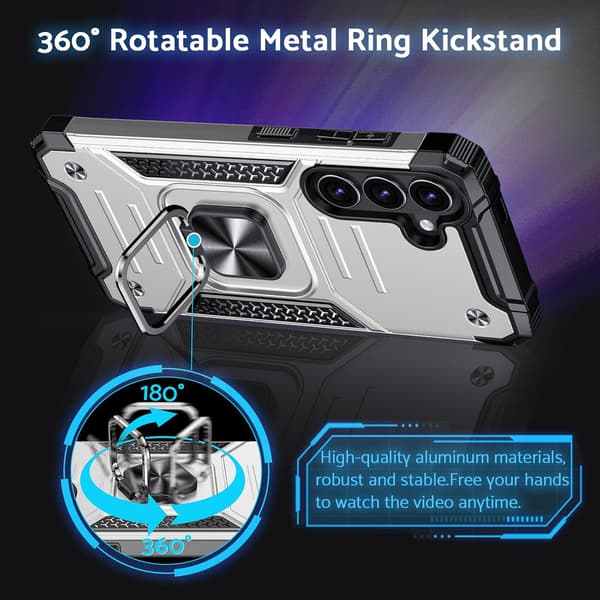 Fodral för Samsung Galaxy S26, militärklassat stötsäkert, 360° roterande metallring, silver Silver 6.3 pouces