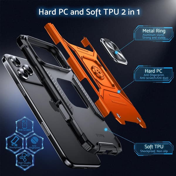 Fodral för iPhone 17 Pro Max, Stöttåligt, 360° roterbar metallring, Ställ, Orange Orange iPhone 17 Pro Max