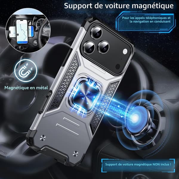 Fodral för iPhone 17 Pro, militärklassat stötsäkert, 360° roterande metallring, stativ silver iPhone 17 Pro