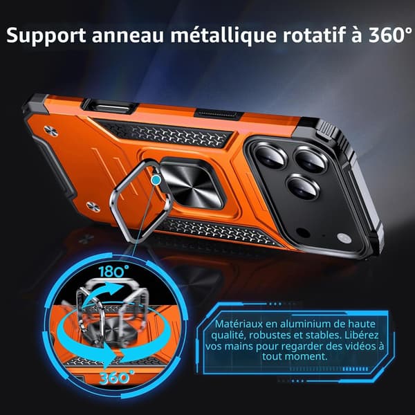 Fodral för iPhone 17 Pro, militärklassat stötsäkert, 360° roterbar metallring, stativ, orange Orange iPhone 17 Pro