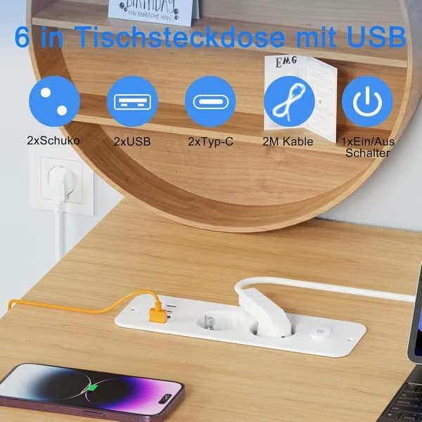 2-vejs udtrækkelig - 2-vejs med 2 USB, bordstikdåse med 2 USB-C, 2 kontakter, 2 m kabel hvid 2-dobbelt udtræk white 2-fold withdrawal, white
