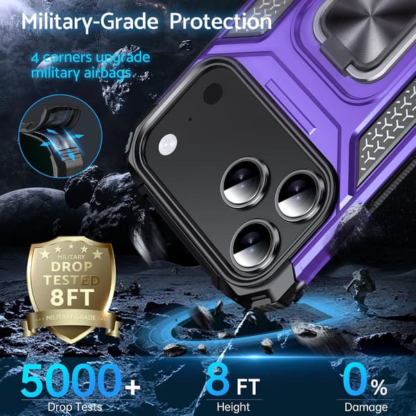 Fodral för iPhone 17 Pro Max, Stöttåligt, 360° roterbar metallring, Stativ, Lila purple iPhone 17 Pro Max
