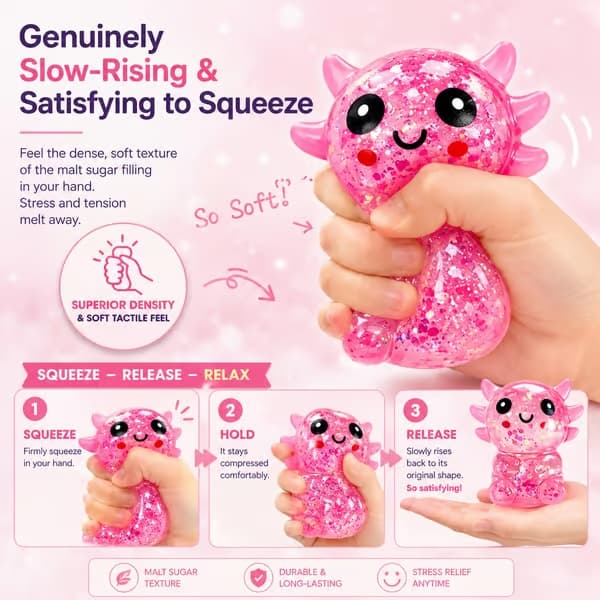 2 st Axolotl Squishy Stressboll, glittrig långsamt stigande klämleksak för barn