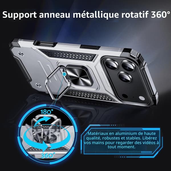 Fodral för iPhone 17 Pro, militärklassat stötsäkert, 360° roterande metallring, stativ silver iPhone 17 Pro