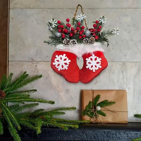 Julkrans med julstrumpa i sammet med LED - Hängande dekoration Style 1