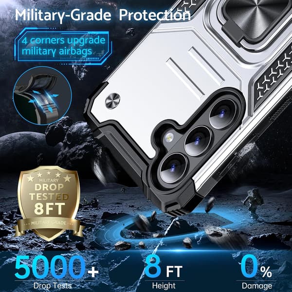 Fodral för Samsung Galaxy S26 Plus, militärklassat stötsäkert, 360° roterande metallring, stativ, silver 2-Silver