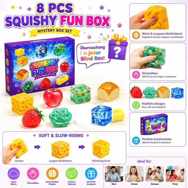 8-dele Squishy Sæt, Sensorisk Anti-Stress Legetøj, Squishy Fidget Klemmelegetøj, Afslapningslegetøj Gaveæske til Kontoret