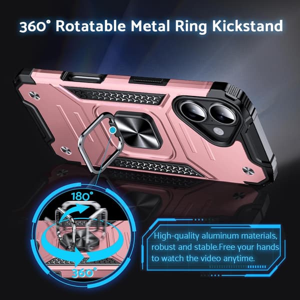 Fodral för iPhone 17, militärklassat stötsäkert, 360° roterande metallring, stativ, rosa Pink iPhone 17