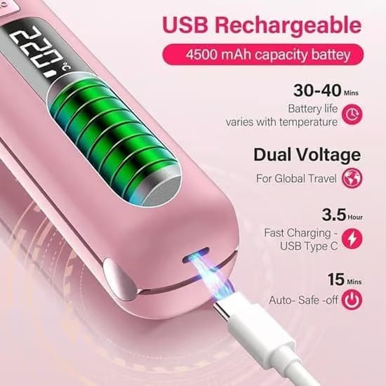 2-i-1 sladdlös plattång och locktång - 4500mAh batteri - Snabb uppvärmning på 10 sekunder - Bärbar keramisk plattång - Resevänlig