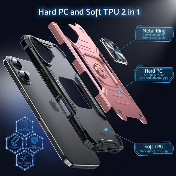 Fodral för iPhone 17, militärklassat stötsäkert, 360° roterande metallring, stativ, rosa Pink iPhone 17