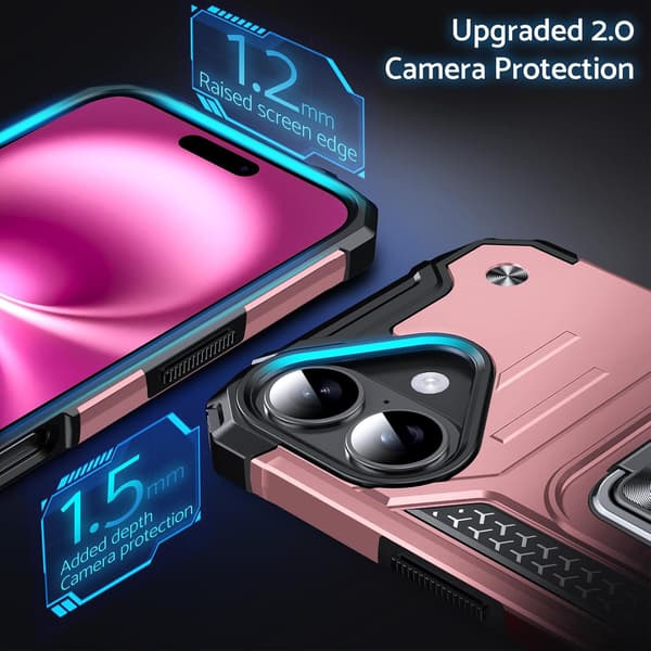 Fodral för iPhone 17, militärklassat stötsäkert, 360° roterande metallring, stativ, rosa Pink iPhone 17
