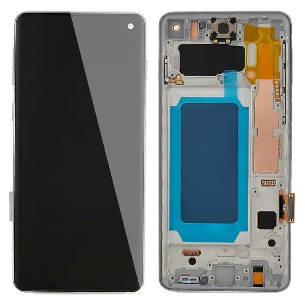 LCD-skärm och digitaliseringsenhet med ram för Samsung Galaxy S10 G973, klass C, reservdel Silver Silver