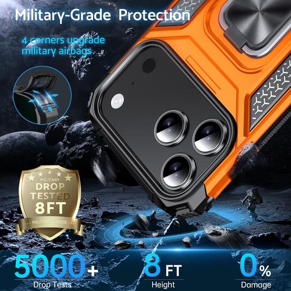 Fodral för iPhone 17 Pro Max, Stöttåligt, 360° roterbar metallring, Ställ, Orange Orange iPhone 17 Pro Max