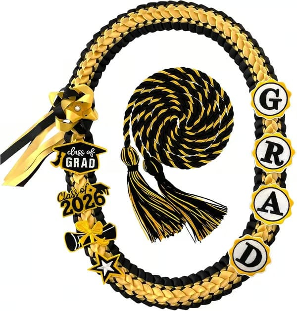 Studenthalsband med band för examensfester 2026, flätat halsband, presenttillbehör (svart och guld)