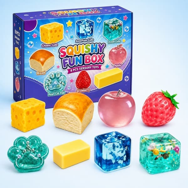 8-delad mat squishy rolig låda, bröd, frukt, katt tass, smör och kub sensoriska stressavlastande fidgetleksaker