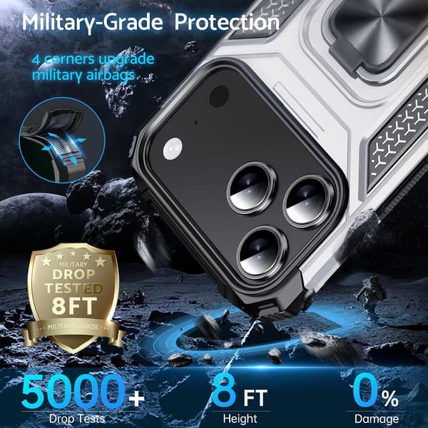 Fodral för iPhone 17 Pro, militärklassat stötsäkert, 360° roterande metallring, stativ silver iPhone 17 Pro