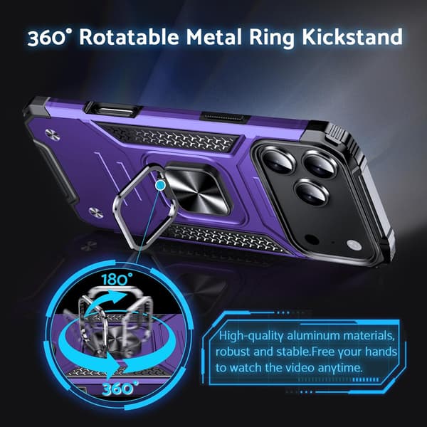 Fodral för iPhone 17 Pro Max, Stöttåligt, 360° roterbar metallring, Stativ, Lila purple iPhone 17 Pro Max