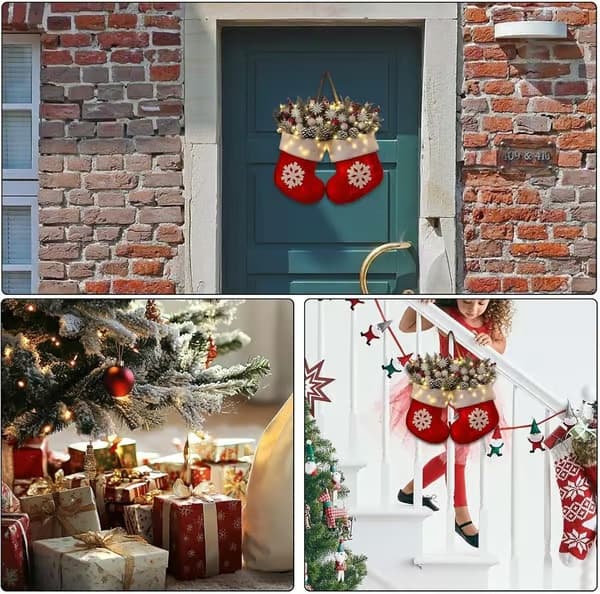 Julkrans med julstrumpa i sammet med LED - Hängande dekoration Style 1