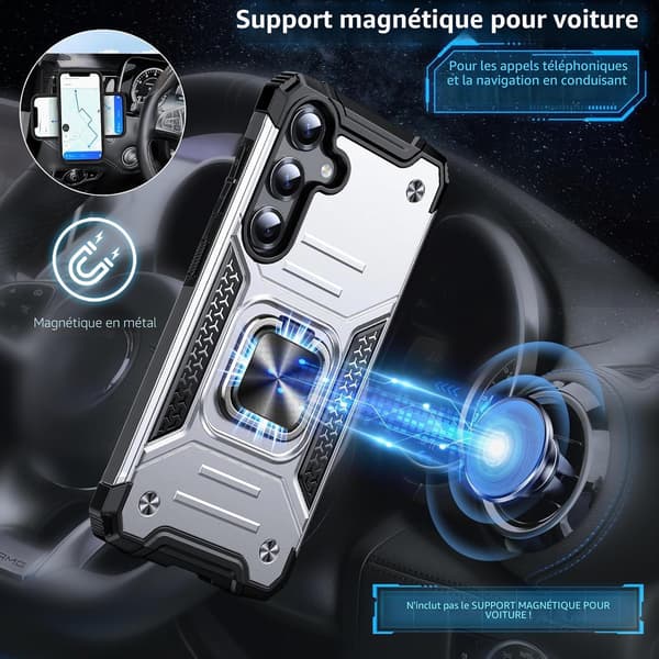 Fodral för Samsung Galaxy S25 FE 5G, militärklassat stötsäkert, 360° roterande metallring, stativ, kompatibelt med magnetfäste, silver Silver