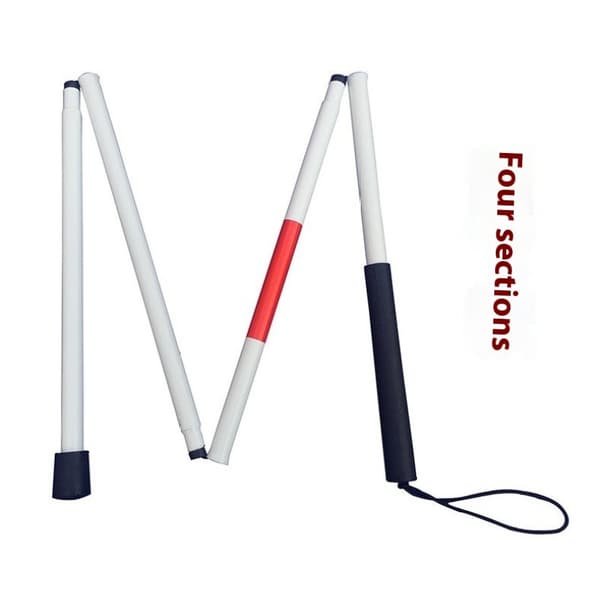 Hvid foldbar stok med refleksrød til blinde eller synshandicappede - Blindestok som foldes i 4 sektioner
