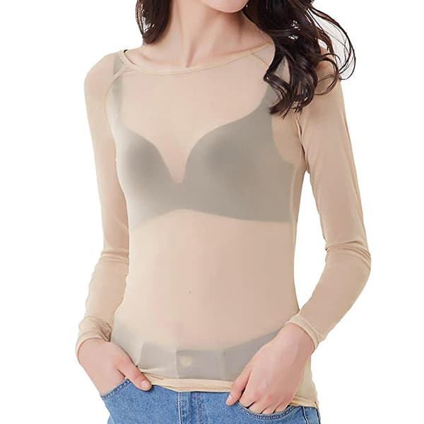 Kvinders Gennemsigtig Langærmet Sømløs Armformer Top Mesh Skjorte Bluse S
