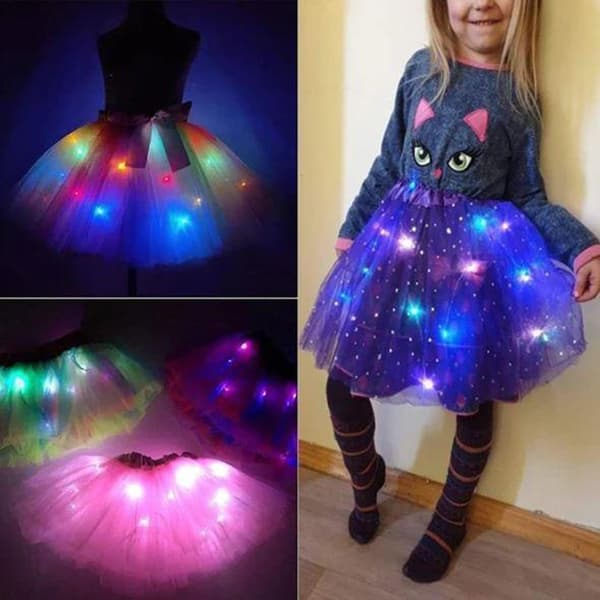 Lysende LED fluffy nederdel til piger Lagdelt Ballet Dans Plisseret nederdel til fødselsdag White