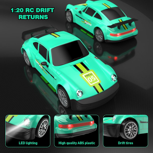 RC Driftbil 2.4GHz 1:20 Skala 4WD 20KM/H Hög Hastighet Fjärrstyrd Bil med LED-lampor Driftdäck 2 st Laddningsbara Batterier Leksaksbil Green