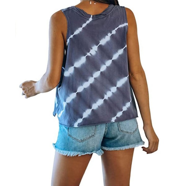 Randig printed ärmlös väst för kvinnor Lös T-shirt Topp Dark blue,M