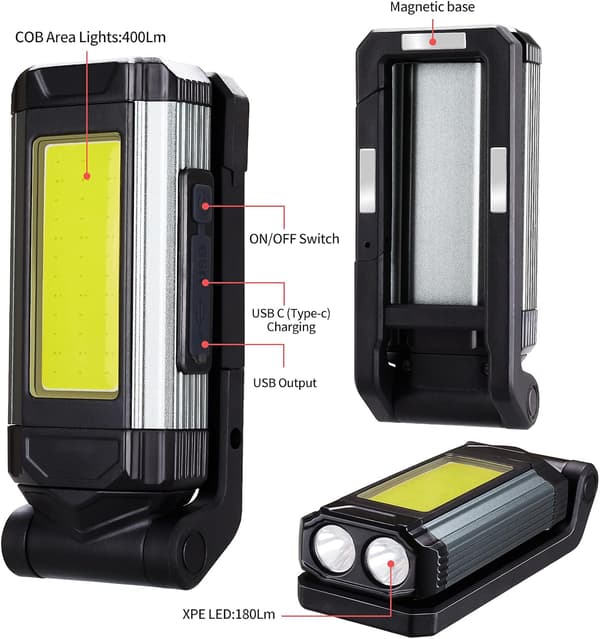 Laderbar LED-arbeidslampe, COB-områdelys med magnetisk base