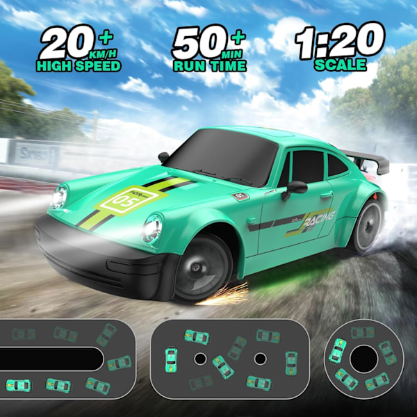 RC Driftbil 2.4GHz 1:20 Skala 4WD 20KM/H Hög Hastighet Fjärrstyrd Bil med LED-lampor Driftdäck 2 st Laddningsbara Batterier Leksaksbil Green