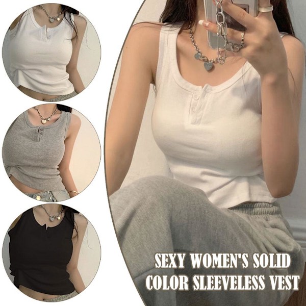 Sexigt linne för kvinnor solid ärmlös ribbad stickad västtopp gray L