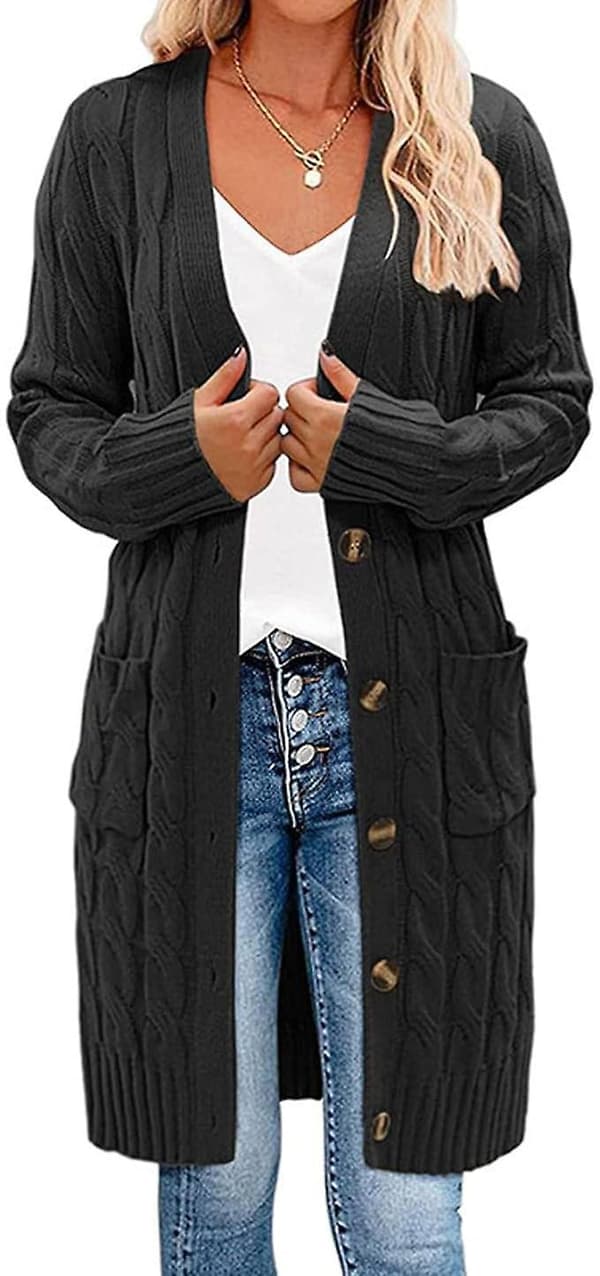 Dame Langærmet Kabelstrikket Lang Cardigan Åpen Frontgenser med Knapper Yttertøy Grå grey L