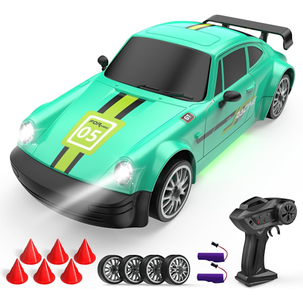 RC Driftbil 2.4GHz 1:20 Skala 4WD 20KM/H Hög Hastighet Fjärrstyrd Bil med LED-lampor Driftdäck 2 st Laddningsbara Batterier Leksaksbil Green