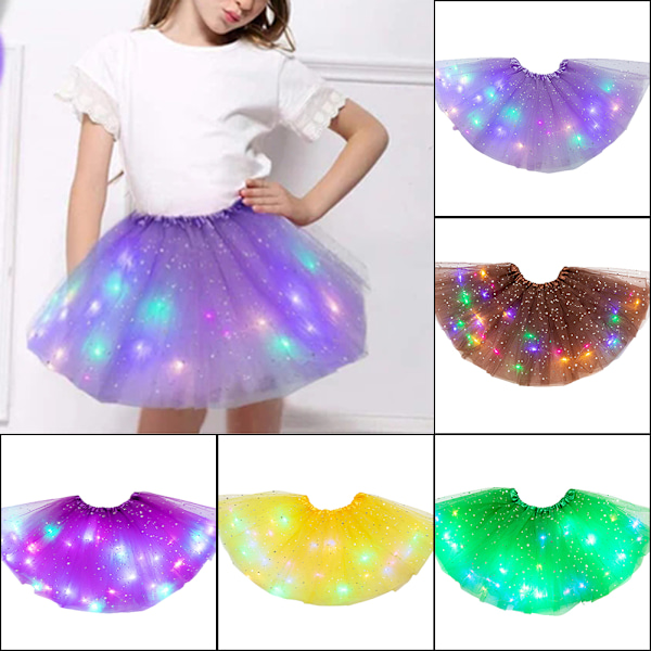 Lysande LED fluffig kjol för flickor Layered Balett Dance Plissed kjol för födelsedag Black
