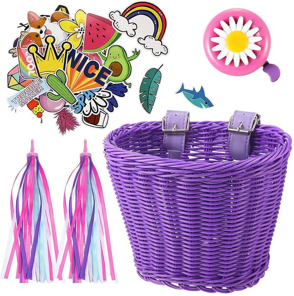 Barn Cykelkorg Fram Vävd Wicker Cykelkorg Med Styre Streamers , ; Purple