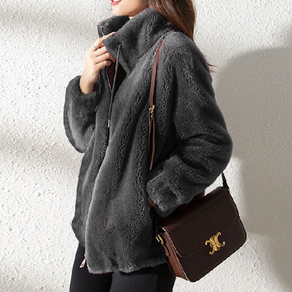Dam fleece fluffig Teddy Bear Coat Plain Pocket Jacka Ytterkläder Grå Grå S