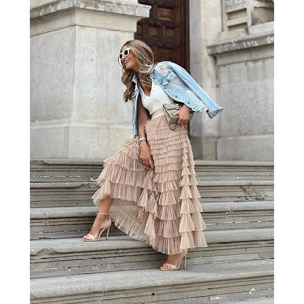 Dam Tulle Maxi-kjol A-linje Rynkad Mesh Hög Midja Underkjol Khaki Khaki M