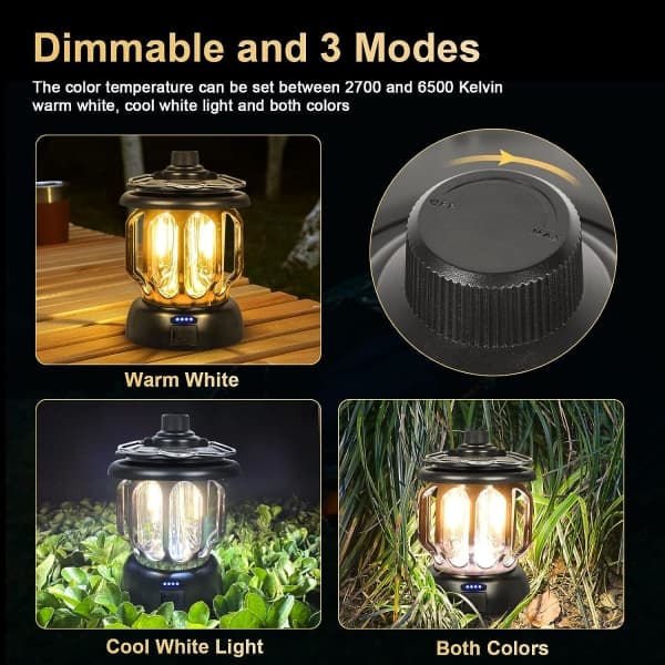 Svart LED USB Oppladbart Campinglys Vintage Dimbar Varmt Hvit