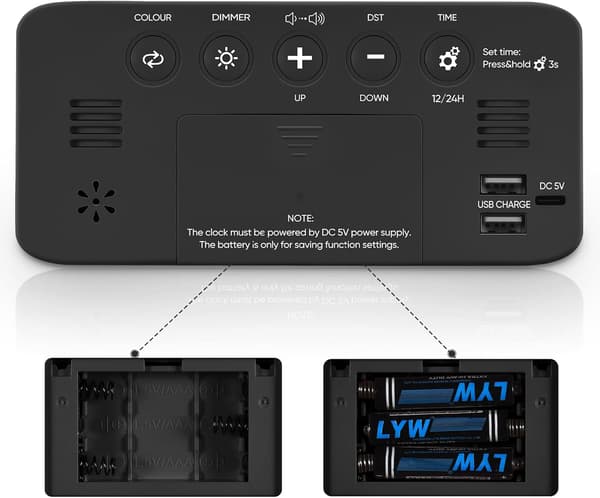 Superhög väckarklocka för tunga sovare, digital klocka med 7-färgs nattljus, justerbar volym, dimmer, USB-laddare, små klockor för sovrum