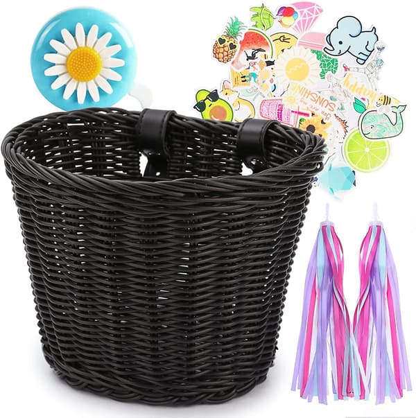 Barn Cykelkorg Fram Vävd Wicker Cykelkorg Med Styre Streamers , ; Black