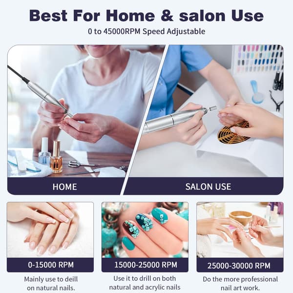 Snabb och effektiv 45000 varv/min laddningsbar bärbar elektrisk nagelfil Vit