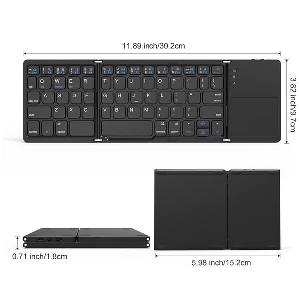 Tri-Fold Bluetooth-tangentbord, Bluetooth bärbart minitangentbord med styrplatta mus-svart